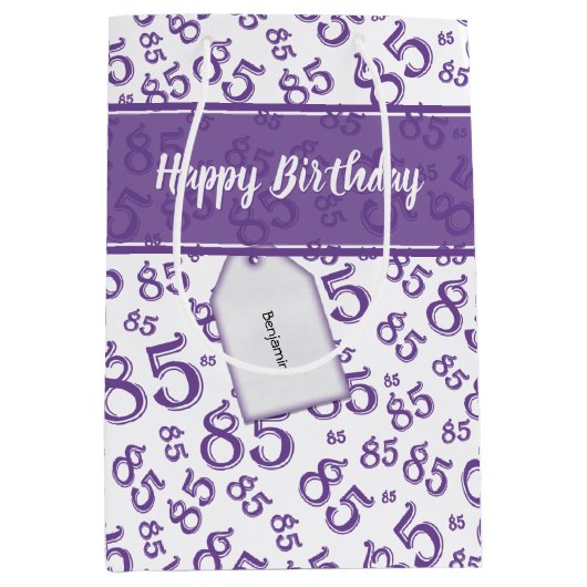 Happy 85th Birthday Number Pattern Paars/White Medium Cadeauzakje (Voorkant)