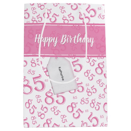 Happy 85th Birthday Number Pattern Pink/White Medium Cadeauzakje (Voorkant)