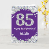 Happy 85th Birthday Paars en Silver Glitter Card Kaart (Gele Bloem)