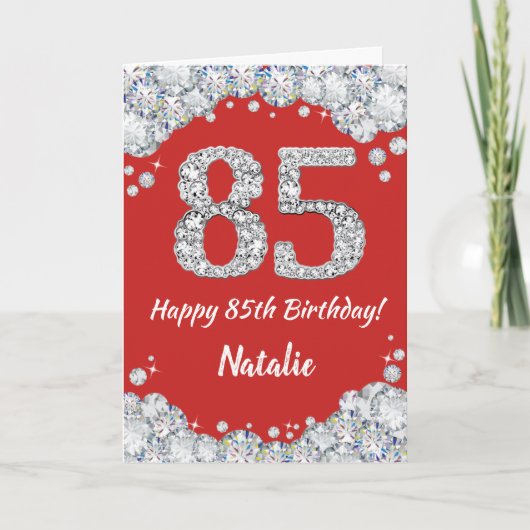 Happy 85th Birthday Red en Silver Glitter Card Kaart (Voorkant)