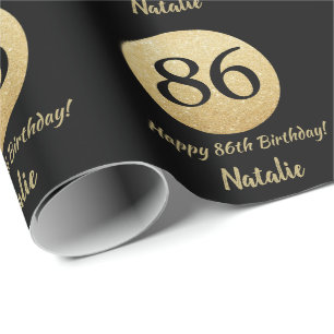 Happy 86th Birthday Black en Gold Glitter Cadeaupapier