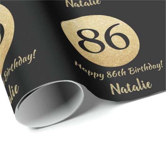 Happy 86th Birthday Black en Gold Glitter Cadeaupapier (Rol Hoek)