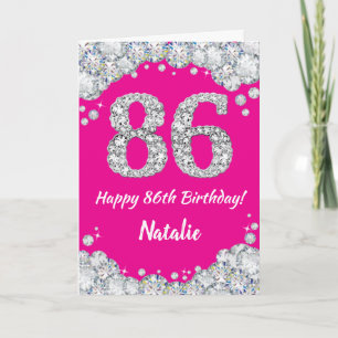 Happy 86th Birthday Hot Pink en Silver Glitter Kaart