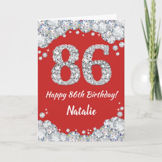 Happy 86th Birthday Red en Silver Glitter Card Kaart (Voorkant)