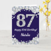 Happy 87th Birthday Navy Blue en Silver Glitter Kaart (Gele Bloem)