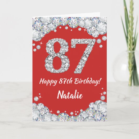 Happy 87th Birthday Red en Silver Glitter Card Kaart (Voorkant)