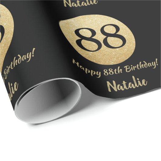 Happy 88th Birthday Black en Gold Glitter Cadeaupapier (Rol Hoek)