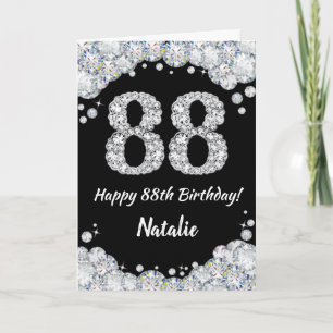 Happy 88th Birthday Black en Silver Glitter Card Kaart
