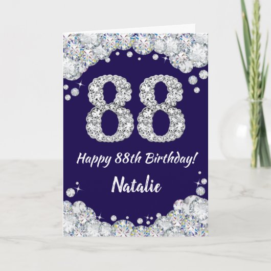 Happy 88th Birthday Navy Blue en Silver Glitter Kaart (Voorkant)
