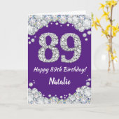Happy 89th Birthday Paars en Silver Glitter Card Kaart (Gele Bloem)
