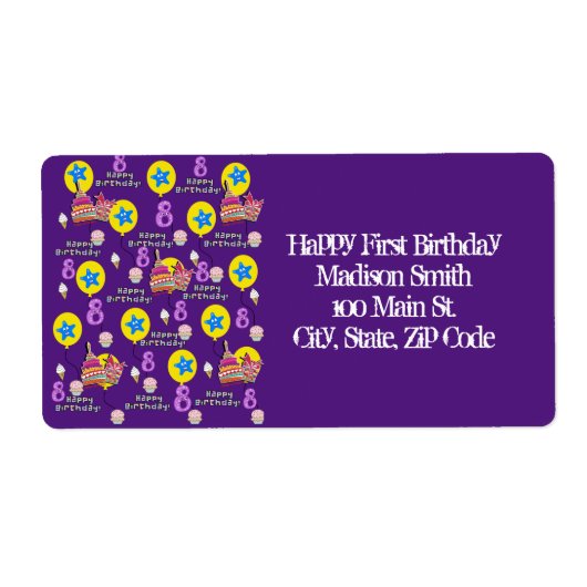 Happy 8th Birthday Adresetiketten, Paars Etiket (Voorkant)