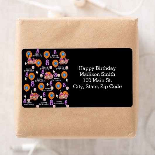 Happy 8th Birthday Adresetiketten, zwart Etiket (Insitu)