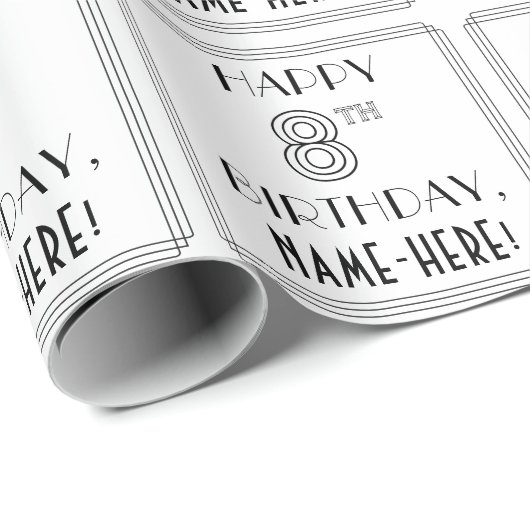 HAPPY 8TH BIRTHDAY; Art Deco Style; aangepaste naa Cadeaupapier (Rol Hoek)