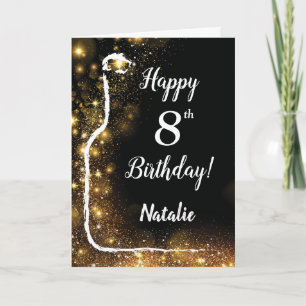 Happy 8th Birthday Black en Gold Glitter Wine Kaart