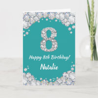 Happy 8th Birthday Blauwgroen en Silver Glitter Ca