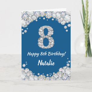 Happy 8th Birthday Blue en Silver Glitter Card Kaart