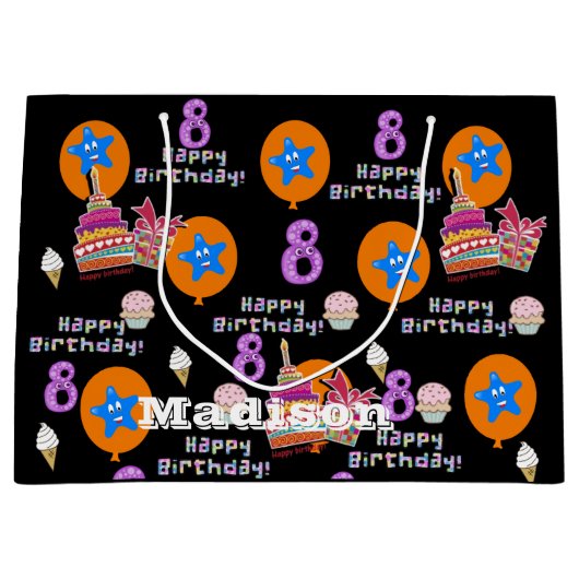 Happy 8th Birthday Gift Bag #8 Black Groot Cadeauzakje (Voorkant)