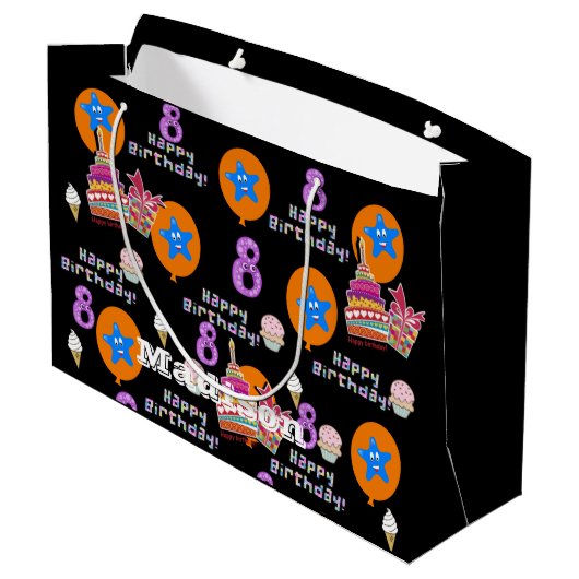 Happy 8th Birthday Gift Bag #8 Black Groot Cadeauzakje (Achterkant Gekanteld)