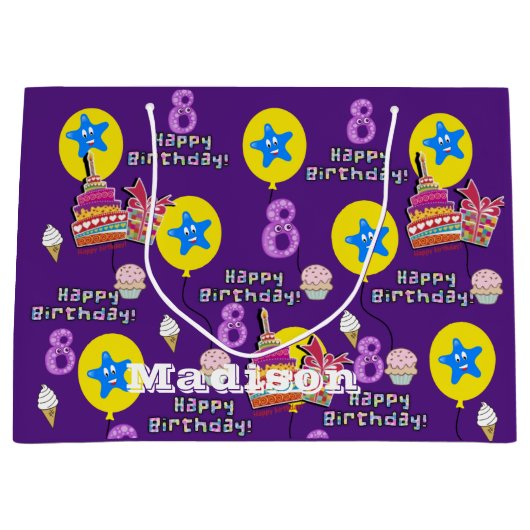 Happy 8th Birthday Gift Bag #8 Paars Groot Cadeauzakje (Voorkant)