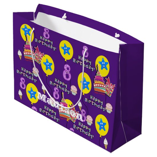 Happy 8th Birthday Gift Bag #8 Paars Groot Cadeauzakje (Achterkant Gekanteld)