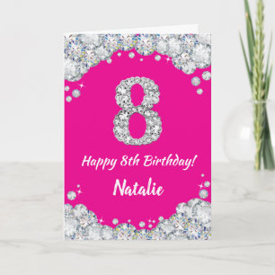 Happy 8th Birthday Hot Pink en Silver Glitter Kaart