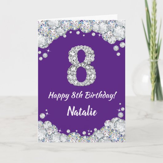 Happy 8th Birthday Paars en Silver Glitter Card Kaart (Voorkant)