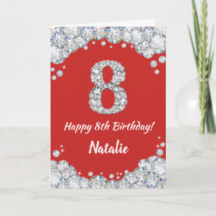 Happy 8th Birthday Red en Silver Glitter Card Kaart