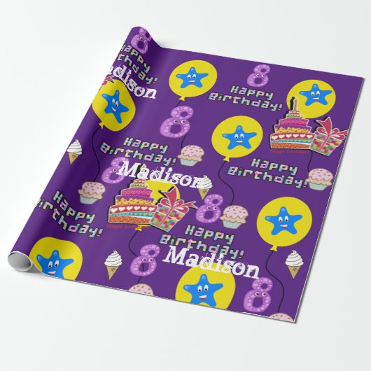 Happy 8th Birthday Wrapping Paper Balloons #8 Cadeaupapier (Uitgerold)