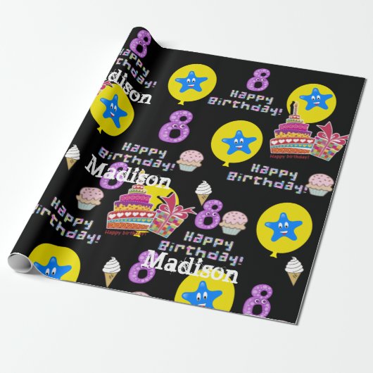 Happy 8th Birthday Wrapping Paper Balloons #8 Cadeaupapier (Uitgerold)