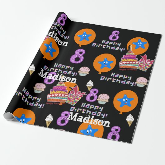 Happy 8th Birthday Wrapping Paper Balloons #8 Cadeaupapier (Uitgerold)