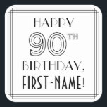 HAPPY 90TH BIRTHDAY, Art Deco Style, aangepaste na Vierkante Sticker<br><div class="desc">Dit luxe tijdperk van 1920/1930s inspireerde kunstdeco op verjaardagsbasis met sticker met de boodschap "HAPPY 90TH BIRTHDAY", plus een aanpasbare naam van de ontvanger. Het getal "90TH" heeft een fancy geometrische lijndikte, en er is ook een multi-line grens rond het bericht van de verjaardagsgroet. Dergelijke legante stickers kunnen worden gebruikt...</div>