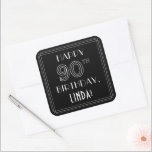 HAPPY 90TH BIRTHDAY; Art Deco Style; aangepaste na Vierkante Sticker<br><div class="desc">Dit stijlvolle Roaring Twenties-tijdperk inspireerde kunstdeco om verjaardagsvierkant sticker te ontwerpen met de boodschap "HAPPY 90TH BIRTHDAY", samen met een persoonlijke naam van de geadresseerde. Het getal "90TH" heeft een fancy, geometrische vormgeving en er is ook een geordende rand rond het verjaardagsbericht. Dergelijke stickers kunnen worden uitgezonden of gebruikt op...</div>