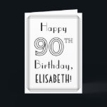 Happy 90th Birthday, Art Deco Style met aangepaste Kaart<br><div class="desc">De voorzijde van deze elegante Roaring Twenties art deco inspireerde het verjaardagsthema ontwerp van het wenskaart kenmerkt het bericht "Happy 90th Birthday, "samen met een gepersonaliseerde ontvankelijke naam. Het getal "90th" aan de voorzijde heeft een fancy binnenzijde en er is ook een binnenzijde. De binnenkant kenmerkt een gepersonaliseerd bericht van...</div>