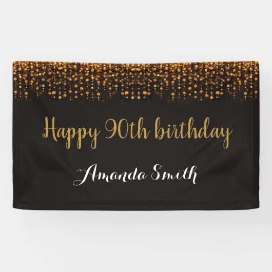 Happy 90th Birthday Banner. Black and Gold Glitter Spandoek (Horizontaal)
