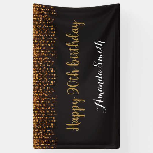 Happy 90th Birthday Banner. Black and Gold Glitter Spandoek (Verticaal)