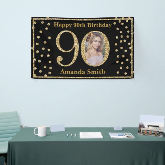 Happy 90th Birthday Banner Black en Gold Photo (Beurs)