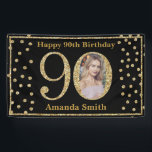 Happy 90th Birthday Banner Black en Gold Photo<br><div class="desc">Fijne 90th Birthday Banner Black en Gold Glitter Confetti met aangepaste foto. Afdrukbaar digitaal. Voor verdere aanpassing,  te klikken gelieve de knoop "van de Aanpassing het"en ons ontwerphulpmiddel te gebruiken om deze sjabloon te wijzigen.</div>