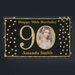 Happy 90th Birthday Banner Black en Gold Photo<br><div class="desc">Fijne 90th Birthday Banner Black en Gold Glitter Confetti met aangepaste foto. Afdrukbaar digitaal. Voor verdere aanpassing,  te klikken gelieve de knoop "van de Aanpassing het"en ons ontwerphulpmiddel te gebruiken om deze sjabloon te wijzigen.</div>