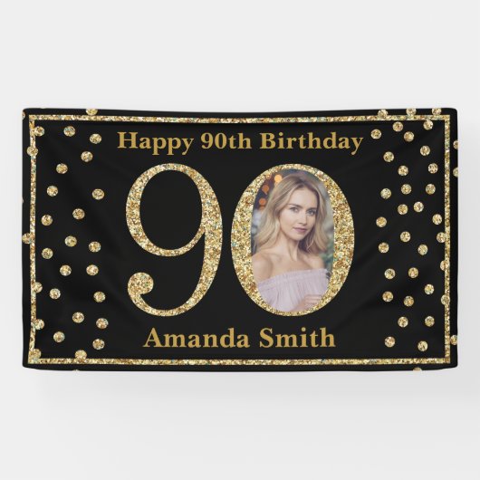 Happy 90th Birthday Banner Black en Gold Photo (Horizontaal)