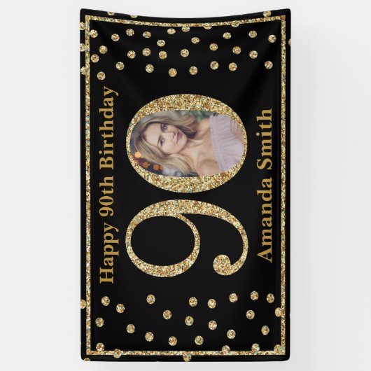 Happy 90th Birthday Banner Black en Gold Photo (Verticaal)