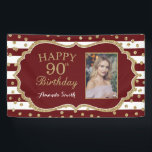Happy 90th Birthday Banner Burgundy and Gold Photo<br><div class="desc">Happy 90th Birthday Banner for women or man. Burgundy and Gold Glitter Birthday Party Banner. Gold Glitter Confetti. Burgundy and White Stripes. Printable Digital. For further customization,  please click the "Customize it" button and use our design tool to modify this template.</div>