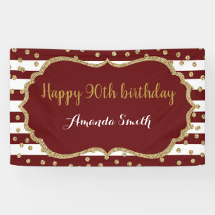 Happy 90th Birthday Banner Burgundy Gold Glitter