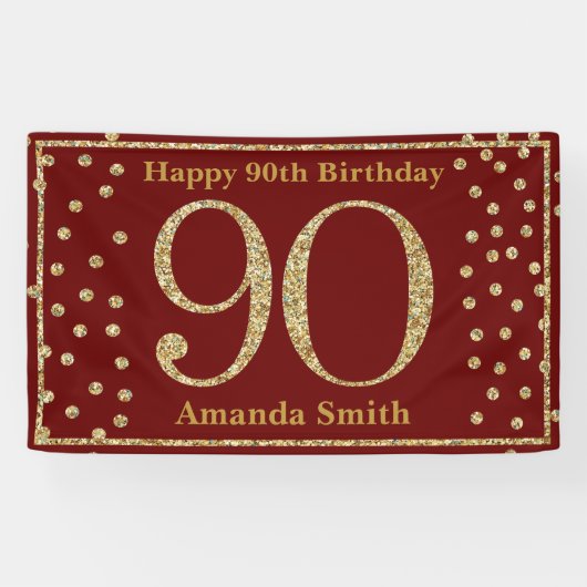 Happy 90th Birthday Banner Burgundy Red Gold (Horizontaal)