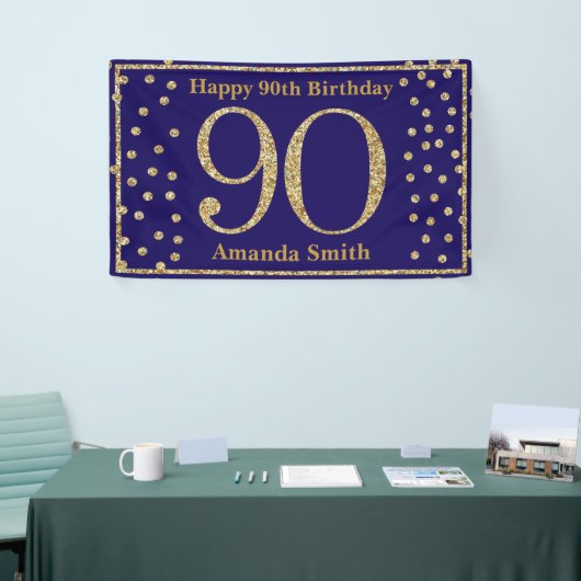 Happy 90th Birthday Banner Navy Blue Gold Glitter (Beurs)