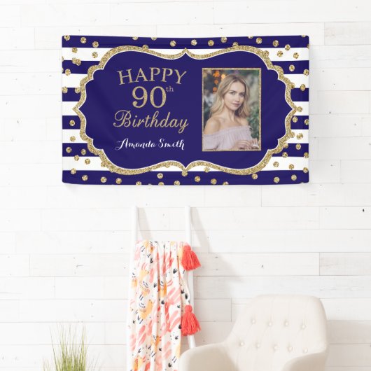 Happy 90th Birthday Banner Navy Blue Gold Photo (Insitu)