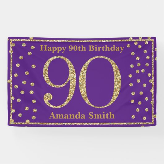 Happy 90th Birthday Banner Paarse en Gold Glitter (Horizontaal)