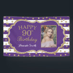 Happy 90th Birthday Banner Purple Gold Photo<br><div class="desc">Happy 90th Birthday Banner for women or man. Purple and Gold Birthday Party Banner. Gold Glitter Confetti. Black and White Stripes. Printable Digital. For further customization,  please click the "Customize it" button and use our design tool to modify this template.</div>