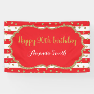 Happy 90th Birthday Banner Red en Gold Glitter