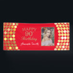 Happy 90th Birthday Banner Red en Gold Photo<br><div class="desc">Fijne 90ste verjaardag banner voor vrouwen of man. Rood en goudfeest feestdag. Glitter Confetti. Zwarte en witte strepen. Afdrukbaar digitaal. Voor verdere aanpassing,  te klikken gelieve de knoop "van de Aanpassing het"en ons ontwerphulpmiddel te gebruiken om deze sjabloon te wijzigen.</div>