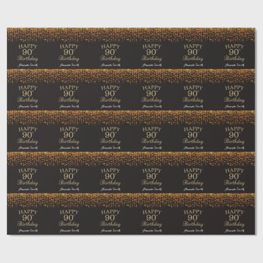 Happy 90th Birthday Black en Gold Glitter Cadeaupapier (Vlak)